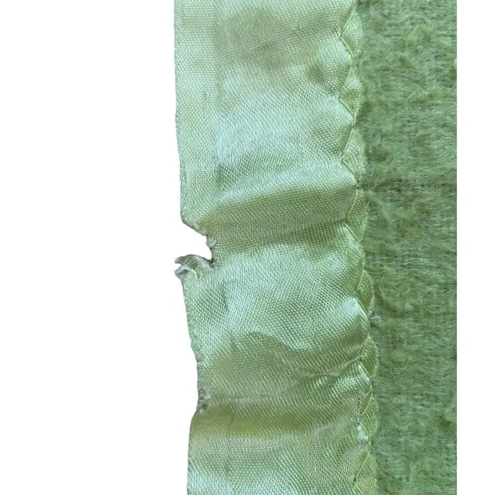 Vintage Light Green Satin Edge Blanket 80 x 66 Unique Color Bed Throw Warm Cozy